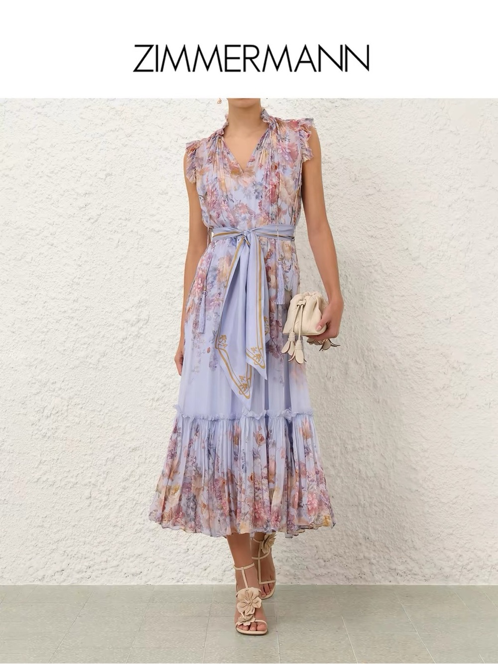 Zimmermann Lavender and Pink Floral Tie-Waist Midi Dress